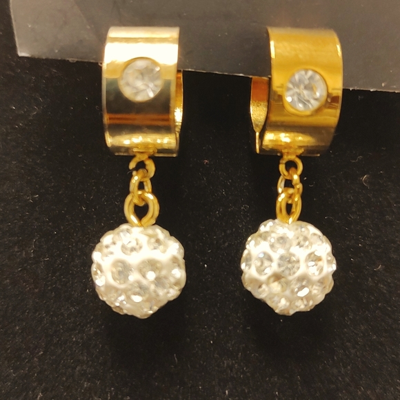 Disco Ball Titanium Globe Dangling earrings with Cubic Zirconia in Gold tone - Picture 2 of 5
